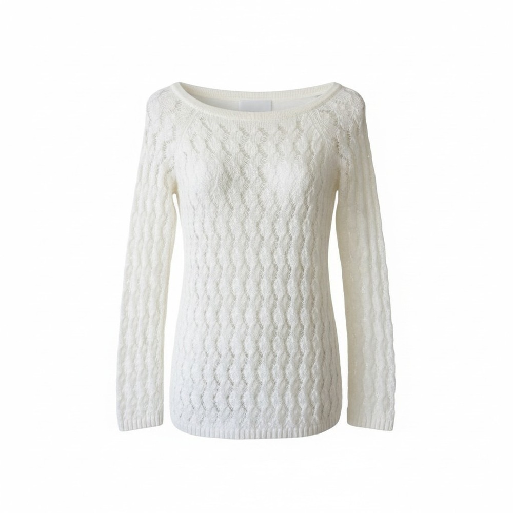 Ann Taylor LOFT White Pointelle Open Knit Sweater XS Long Sleeve Scoop Neck‎
